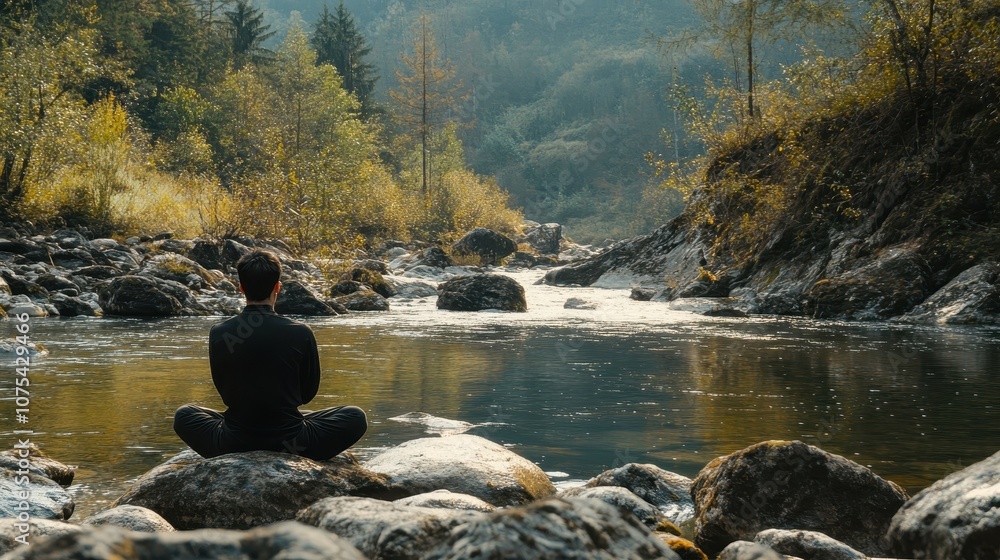 Individual engages in deep breathing exercise among tranquil river rocks Individual engages in deep breathing exercise among tranquil river rocks