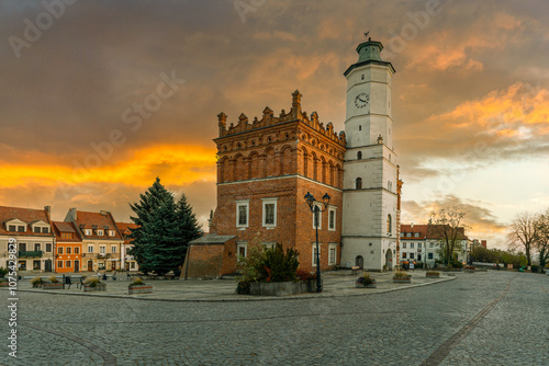 Obraz na płótnie The city of Sandomierz with its churches, town hall and castle shown from above. w salonie