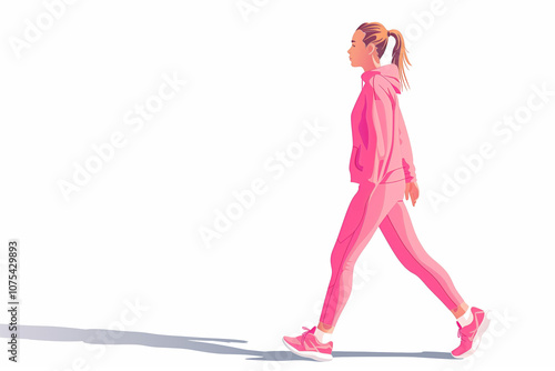 A young woman in pink sportswear is walking on a white background.
