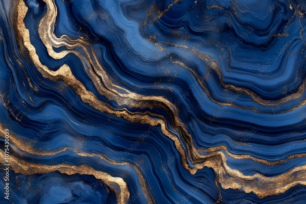 Abstract blue and gold marbled texture with wavy patterns. Abstract blue and gold marbled texture with wavy patterns.