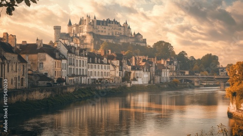 Tranquil view of Amboise with Château d'Amboise overlooking the Loire River and medieval architecture at dusk