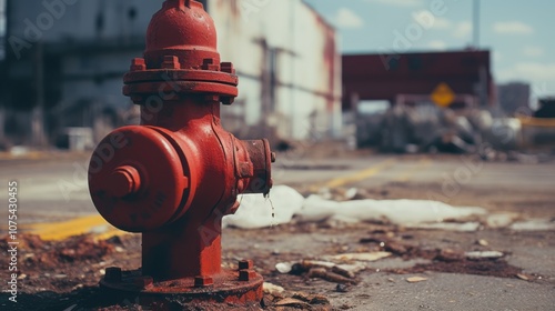 A solitary red fire hydrant stands in stark contrast against an industrial backdrop, emphasizing urban resilience and utilitarian design.