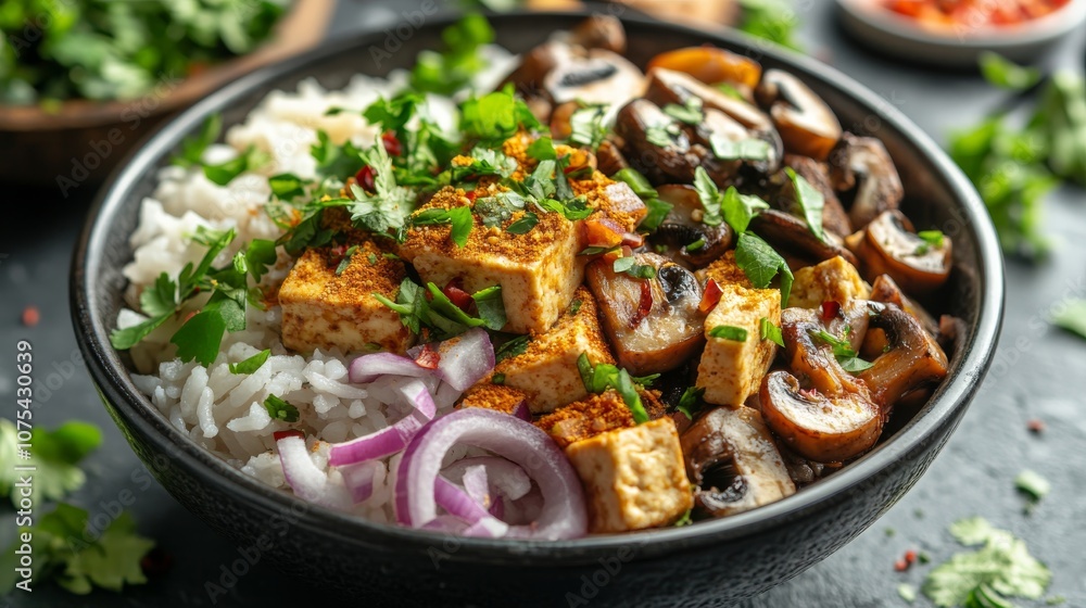 Bowl of Rice, Tofu, Mushrooms, and Red Onion with Cilantro Garnish Bowl of Rice, Tofu, Mushrooms, and Red Onion with Cilantro Garnish
