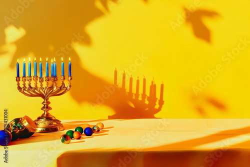 A menorah with blue candles casts shadows on a yellow background, symbolizing celebration. photo