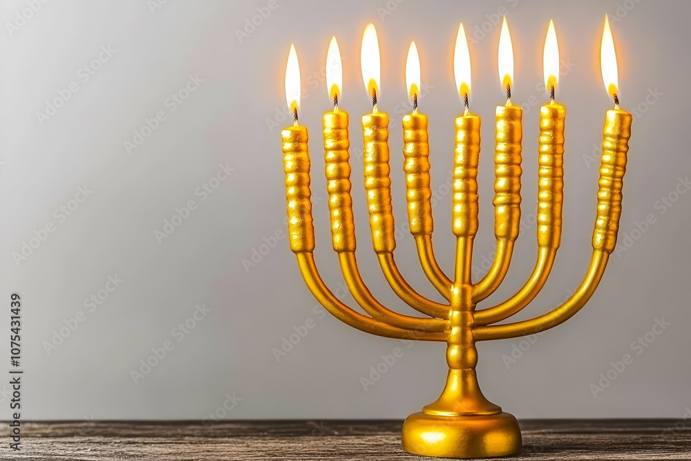 A golden menorah with eight lit candles, symbolizing Hanukkah celebrations. A golden menorah with eight lit candles, symbolizing Hanukkah celebrations.