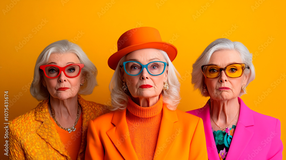 Fun and quirky portrait of three grandmothers with exaggerated expressions and colorful outfits, perfect for humor and family-themed visuals. Fun and quirky portrait of three grandmothers with exaggerated expressions and colorful outfits, perfect for humor and family-themed visuals.