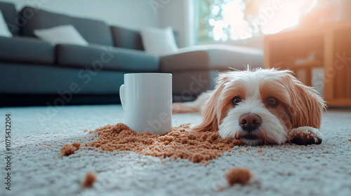 Muddy dog dirties carpet and living room. Concept: Pet Cleanup, Stain Removal, Odor Control, Deep Cleaning