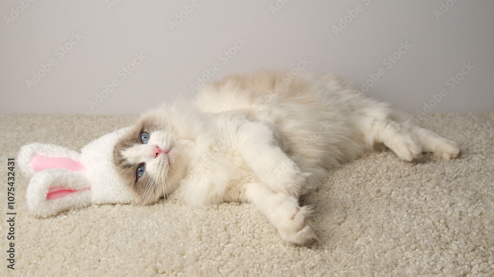 Obraz premium White cat with bunny ears.