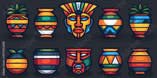 Set of colorful vases with a man's face on them. The vases are arranged in a row, with some of them being taller than others. The man's face is drawn in a stylized way