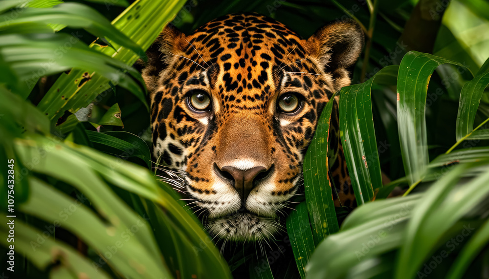 Jaguar is peeking out from the leaves of a tree. Concept of curiosity and stealth, as the jaguar is hidden from view but still aware of its surroundings Jaguar is peeking out from the leaves of a tree. Concept of curiosity and stealth, as the jaguar is hidden from view but still aware of its surroundings
