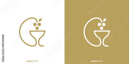 Grape Wine Logo. Wineglass and Grape Fruit with Lineart Outline Style. Luxury Wine Logo, Icon, Symbol, Vector, Design Inspiration.	