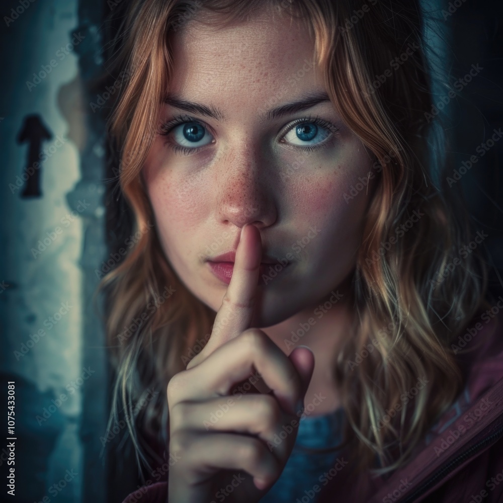 Secret Formula. Woman Making Hush Gesture with Finger in University Setting Secret Formula. Woman Making Hush Gesture with Finger in University Setting