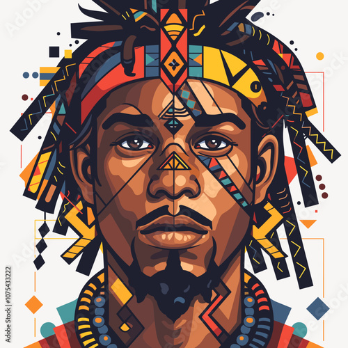 Portrait of african american man with ethnic pattern. Vector illustration