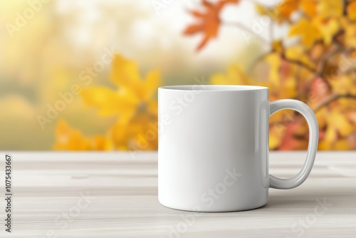 A white coffee mug placed on a wooden table with autumn-colored leaves in the background during a sunny fall day
