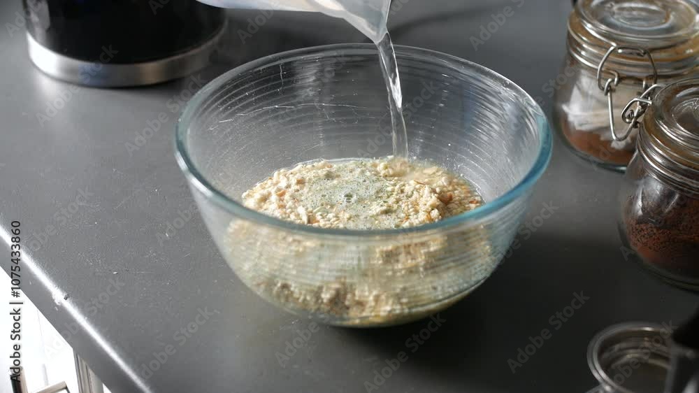 Hot water being poured into a glass bowl filled with dry stuffing mix, creating a textured blend. Nearby glass jars hold spices and seasonings, ready for use in meal preparation Hot water being poured into a glass bowl filled with dry stuffing mix, creating a textured blend. Nearby glass jars hold spices and seasonings, ready for use in meal preparation
