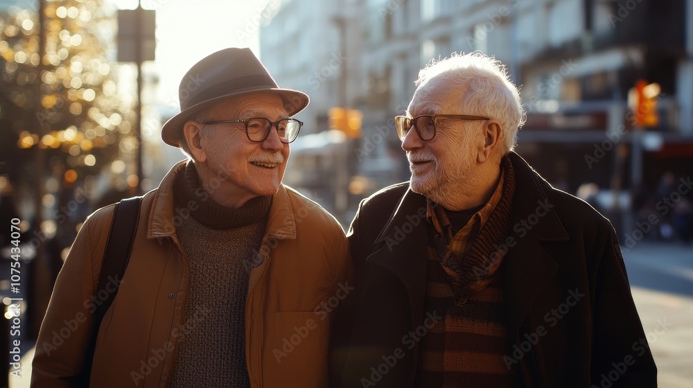 portrait of two senior men walking together in city portrait of two senior men walking together in city