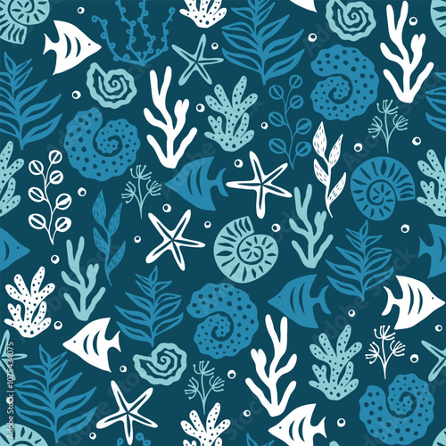 Sea bottom seamless pattern with fish, starfish, shell, coral and bubble.