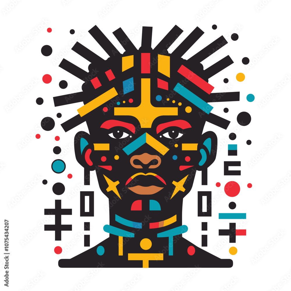 Fototapeta premium Colorful vector illustration of African American man face in tribal style.