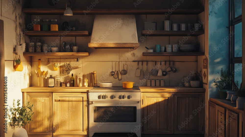 Cozy kitchen with rustic wooden cabinets and soft lighting
