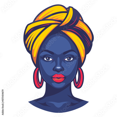 Portrait of beautiful african woman with turban. Vector illustration.