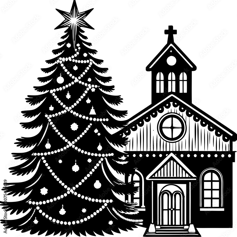 Naklejka premium Christmas card with Christmas tree and gifts with Christmas decorating ideas with Christmas tree and church for happy ' Christmas Day ' greetings 