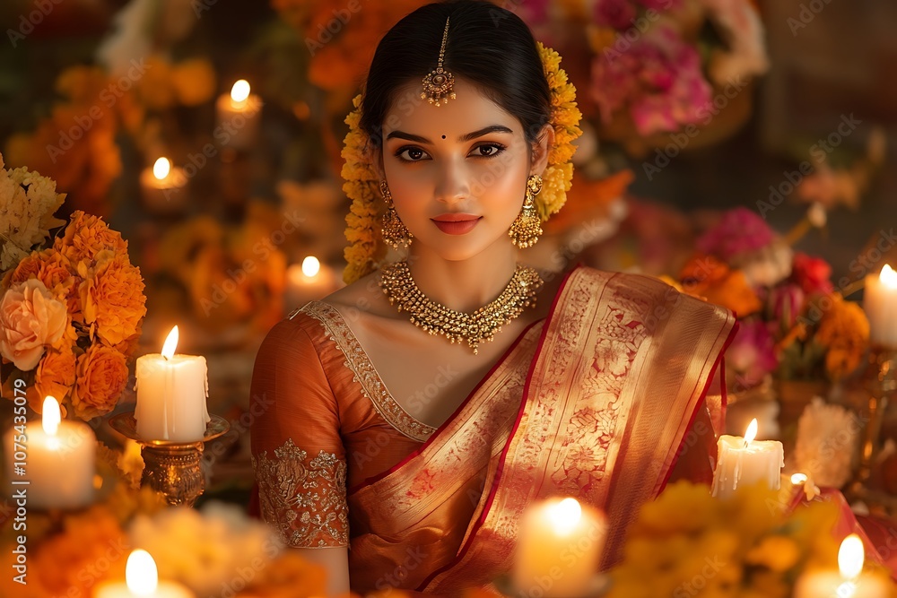 Festive Indian Woman in Orange Sari with Candlelight and Flowers Festive Indian Woman in Orange Sari with Candlelight and Flowers