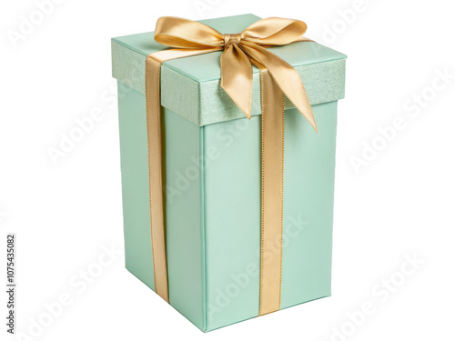 Tall Mint Green Gift Box with Gold Satin Ribbon on Transparent Background
