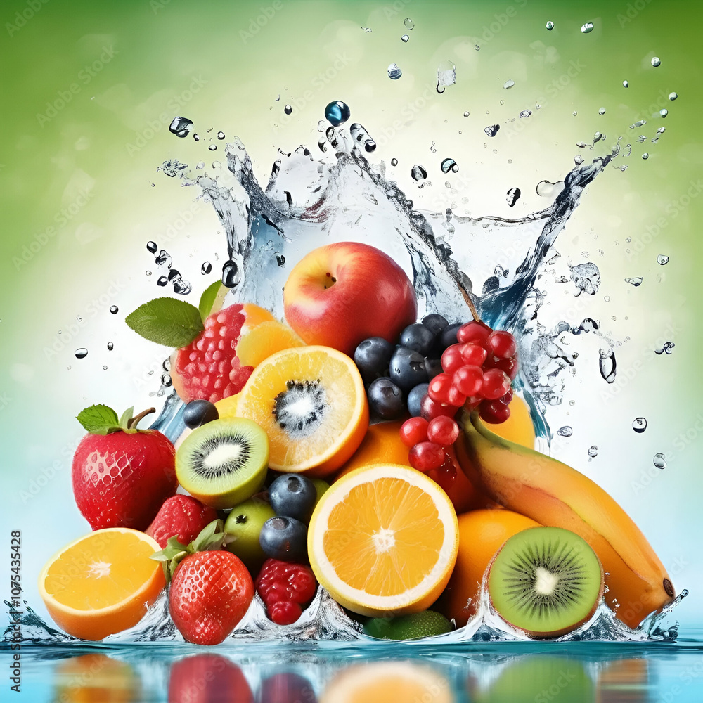 Assortment of fresh fruits and water splashes on panoramic background Assortment of fresh fruits and water splashes on panoramic background