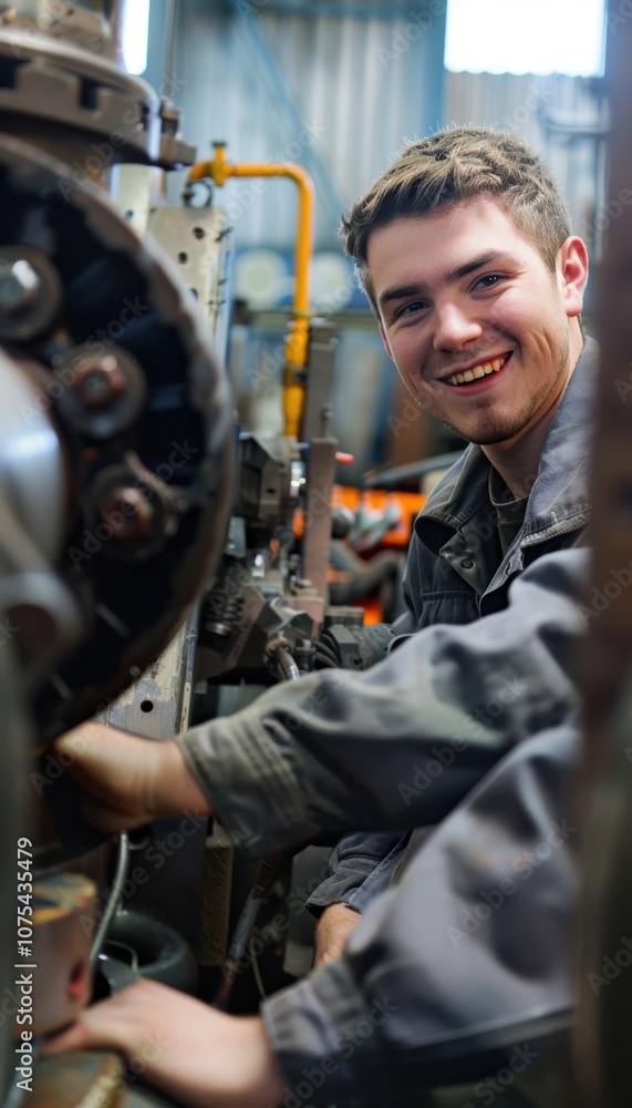 Young Intern Collaborates with Technician in Well-Lit Factory Environment for Machine Repair Young Intern Collaborates with Technician in Well-Lit Factory Environment for Machine Repair