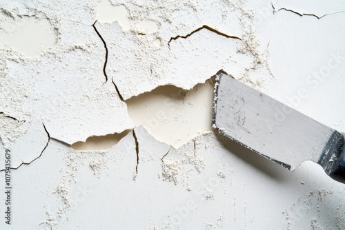 Close-up of a putty knife scraping peeling paint from a wall photo