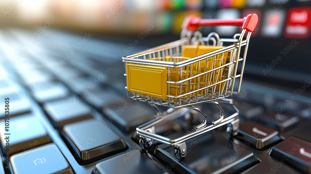 A miniature shopping cart is positioned on a laptop keyboard, symbolizing the growing trend of online shopping and digital commerce in today\'s world A miniature shopping cart is positioned on a laptop keyboard, symbolizing the growing trend of online shopping and digital commerce in today\'s world