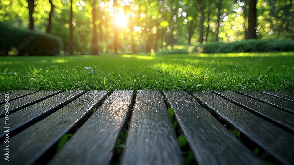 A serene view of a wooden pathway leading through a sunlit green park. A serene view of a wooden pathway leading through a sunlit green park.