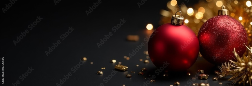 Red Christmas Balls in Christmas Setting on Black Background Red Christmas Balls in Christmas Setting on Black Background