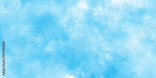 Grunge aquarelle painted sky blue watercolor textured, natural clear clouds in the blue sky background, soft and cloudy fresh watercolor painting textured design on white paper.