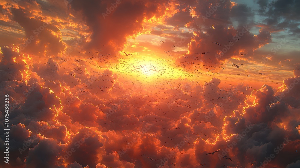 Naklejka premium A vibrant sunset with a flock of birds flying through the clouds.