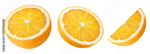 half orange fruit and slice isolated, Orange fruit macro studio photo