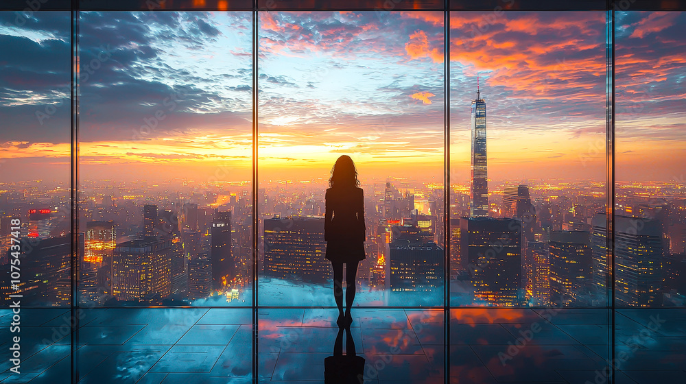 A woman stands silhouetted against a breathtaking sunset, gazing at the vibrant city skyline from a tall building A woman stands silhouetted against a breathtaking sunset, gazing at the vibrant city skyline from a tall building