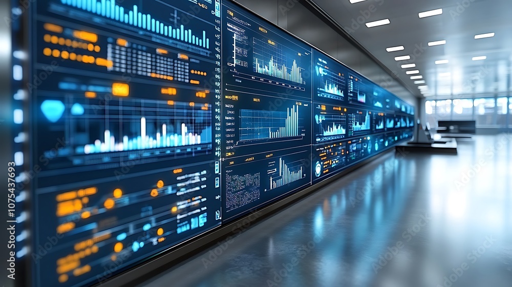 A wall of screens displays data visualizations in a modern office hallway. A wall of screens displays data visualizations in a modern office hallway.