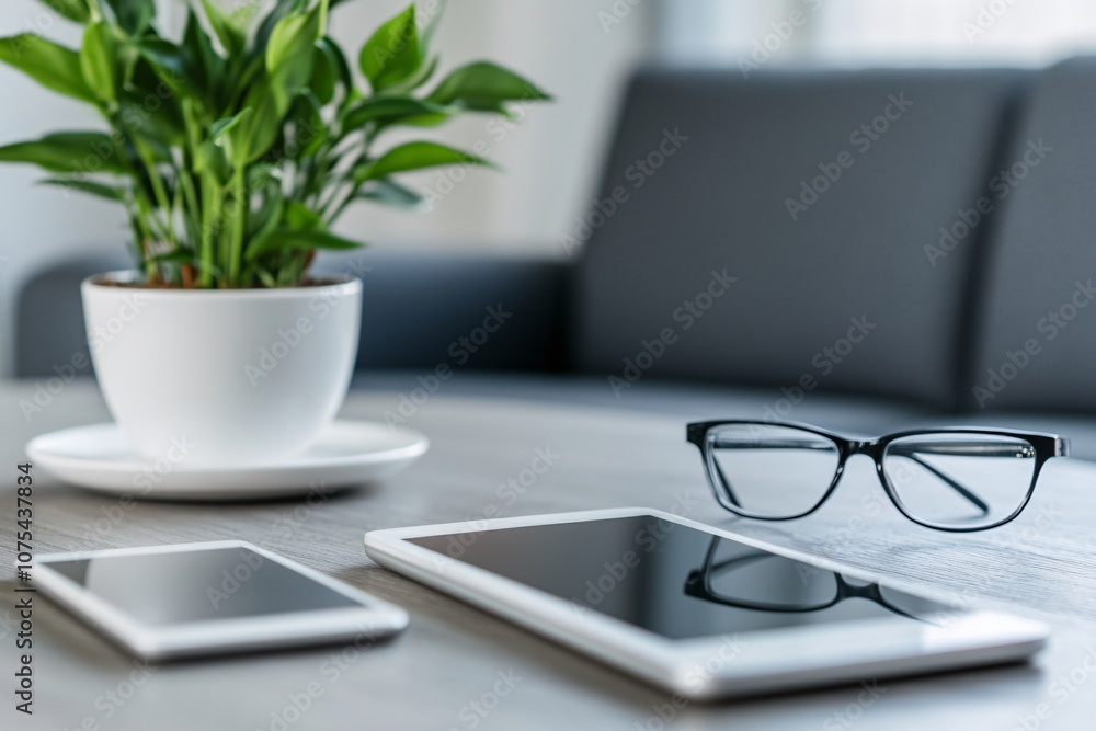 Fototapeta premium Minimalist Workspace: A Tablet, Glasses, and a Plant on a Modern Desk