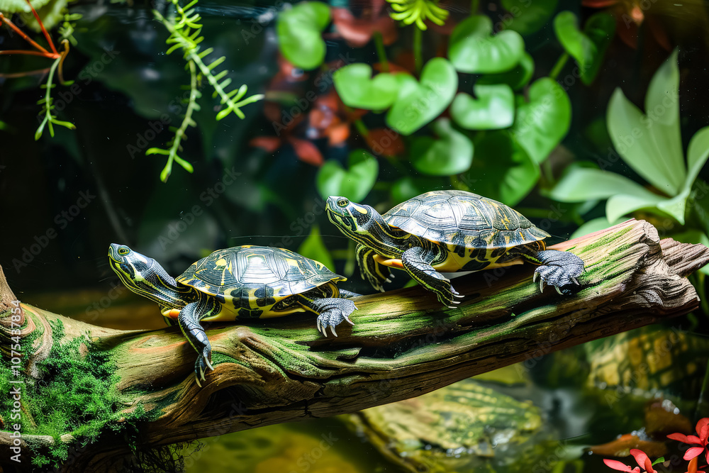 Obraz premium Two turtles are on a branch in a green forest. The turtles are facing each other