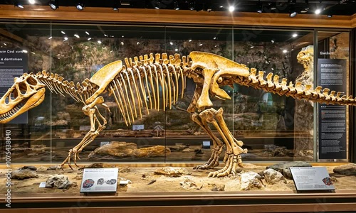 A dinosaur skeleton displayed in a museum, showcasing paleontological research and education.