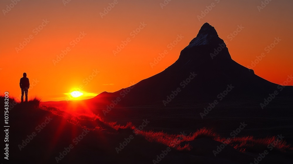 Silhouette of a Person Standing on a Hilltop with a Mountain and a Sunset in the Background Silhouette of a Person Standing on a Hilltop with a Mountain and a Sunset in the Background