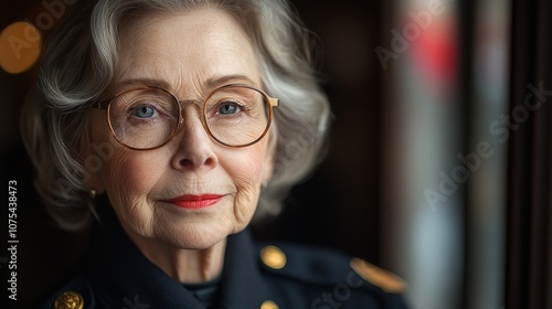 Elderly Woman in Uniform with American Flag Background --ar 16:9 --style raw --stylize 750 --v 6.1 Job ID: 2e357804-1d67-4cb8-86e9-c4c220ceea71 photo