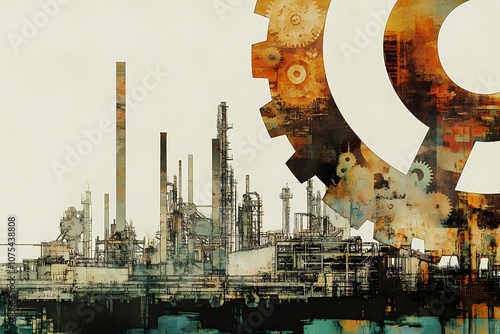 Industrial Complex with Abstract Gear Design and Warm Earthy Tones, Symbolizing Technology, Manufacturing, and Mechanization in Modern Society photo