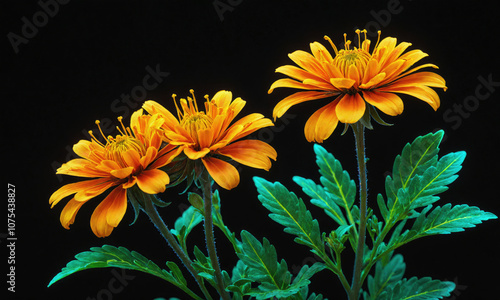 Two yellow flowers with green leaves are blooming against a black background
