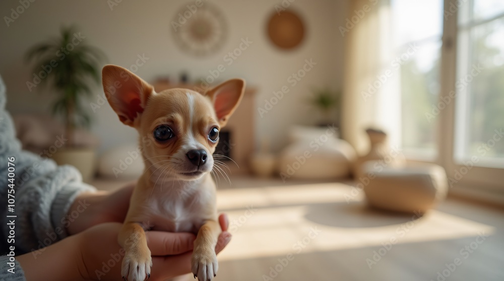 Tiny Chihuahua puppy held in hands in a cozy, bright room with natural light. Indoor pet portrait capturing affection and care Tiny Chihuahua puppy held in hands in a cozy, bright room with natural light. Indoor pet portrait capturing affection and care