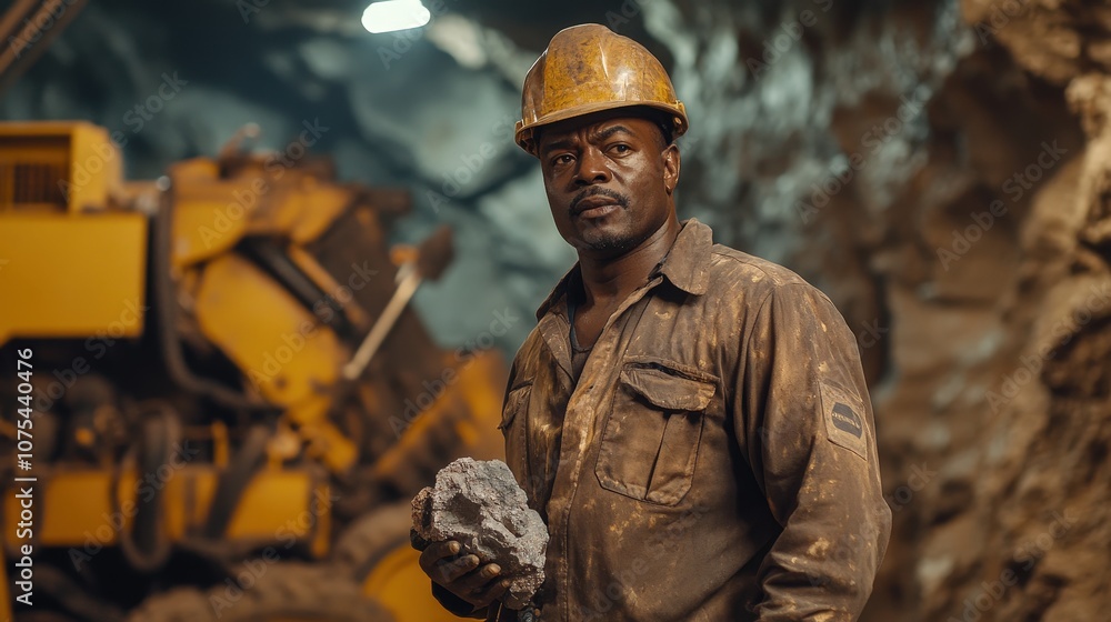 A miner in a dusty environment holds a rock, showcasing hard work and dedication. A miner in a dusty environment holds a rock, showcasing hard work and dedication.
