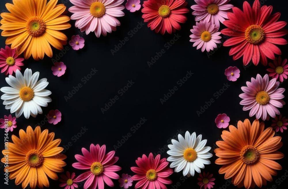 lots of colorful daisies on a black background around with free space for text, empty in the cent, top view lots of colorful daisies on a black background around with free space for text, empty in the cent, top view