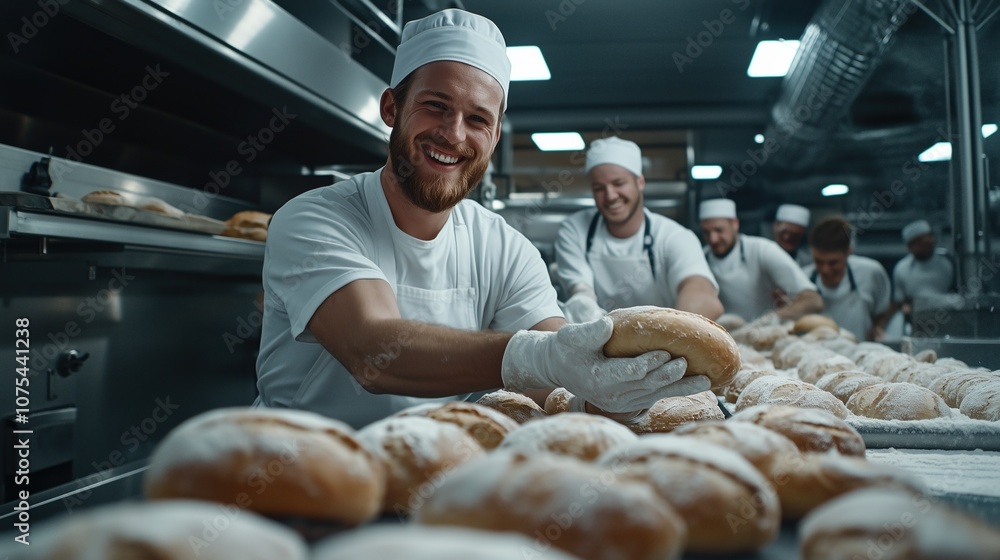 Bakers Working Together in a Busy Bakery, Crafting Fresh Bread and Pastries During Early Morning Hours, Showcasing Teamwork and Skill in a Vibrant Kitchen Environment Bakers Working Together in a Busy Bakery, Crafting Fresh Bread and Pastries During Early Morning Hours, Showcasing Teamwork and Skill in a Vibrant Kitchen Environment
