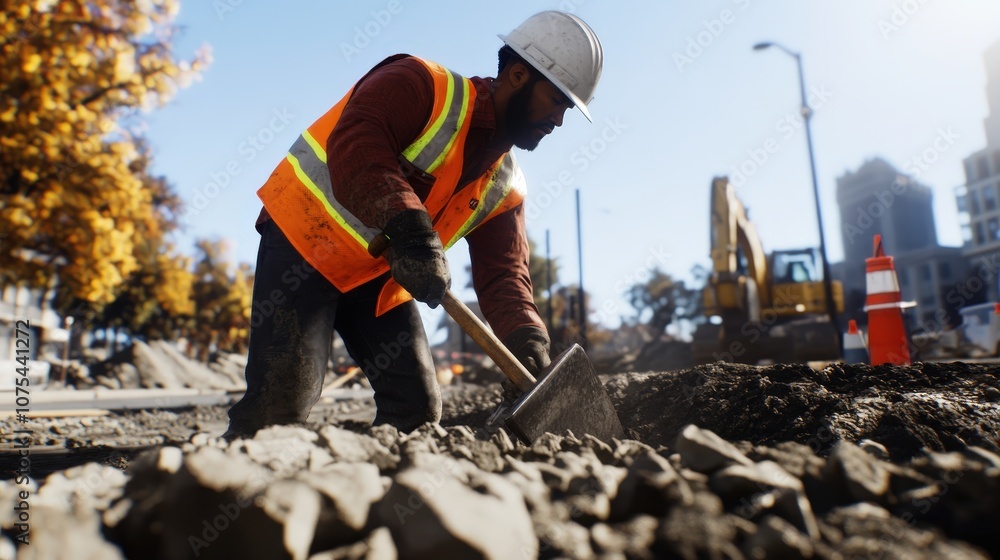 Construction worker digging with a shovel on a busy city site during the day. Construction worker digging with a shovel on a busy city site during the day.